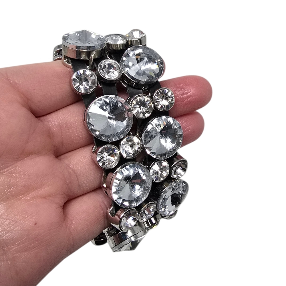 Crystal Glass Rhinestone Double Tier Thick Statement Bracelet Silver Tone